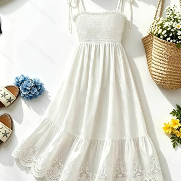 Womens Solid-color Embroidered Ruched Strap Maxi Dress