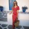 French-style Vintage Red Floral-print Dress