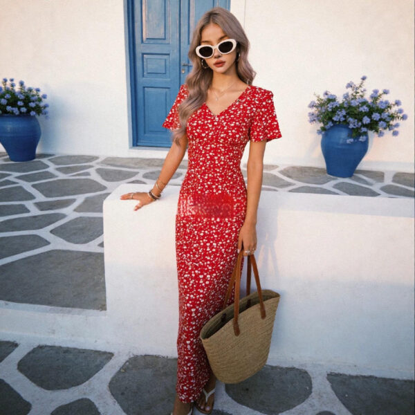 French-style Vintage Red Floral-print Dress