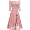 One-shoulder Midi-sleeved Lace-mesh Chiffon Dress