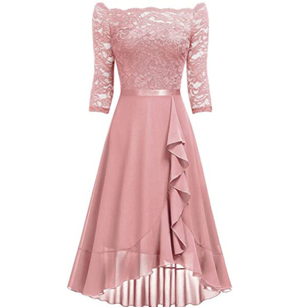 One-shoulder Midi-sleeved Lace-mesh Chiffon Dress