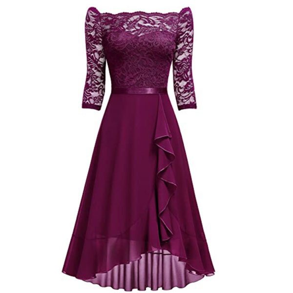 One-shoulder Midi-sleeved Lace-mesh Chiffon Dress