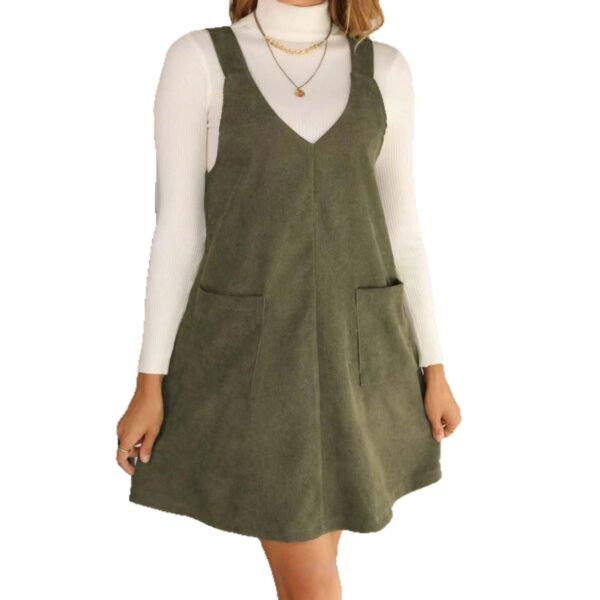 New Trendy Fashion Commuter Casual Slim V-Neck Pocket Solid Color Corduroy Suspender Dress Women's Clothing