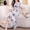 Womens Lace-Up Printed A-Line Silk Dress