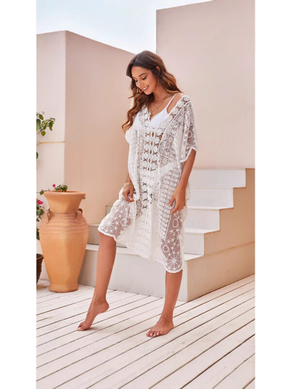 Sexy Hollowed-Out Lace-Panel Beach Cover-Up With Water-Soluble Lace For Sun Protection