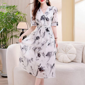 Womens Lace-Up Printed A-Line Silk Dress