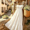 Womens Solid-color Embroidered Ruched Strap Maxi Dress