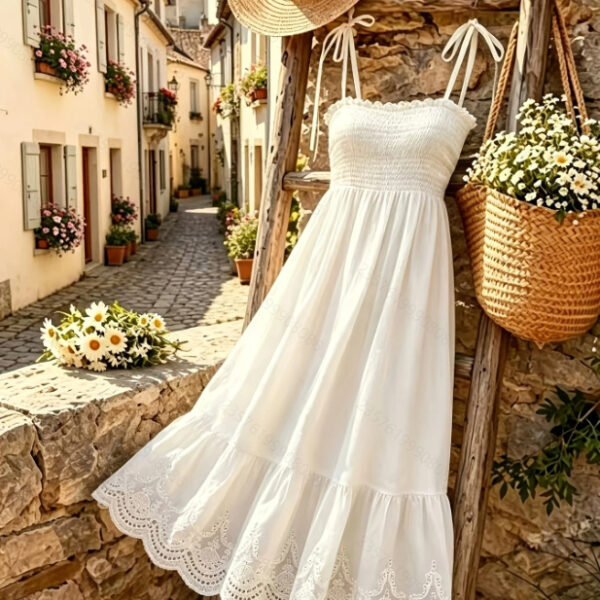 Womens Solid-color Embroidered Ruched Strap Maxi Dress