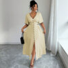 Contrast-color Waist-cinching Elegant Slit Dress