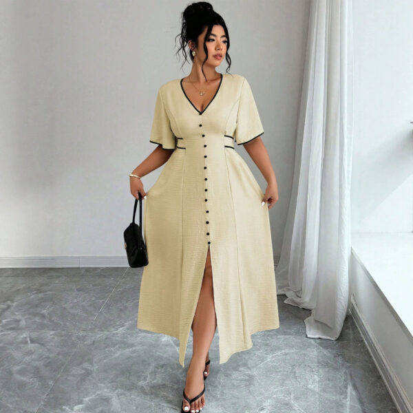 Contrast-color Waist-cinching Elegant Slit Dress