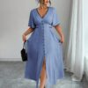 Contrast-color Waist-cinching Elegant Slit Dress