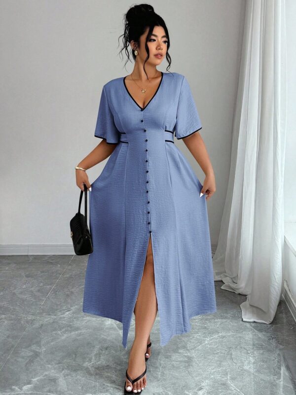 Contrast-color Waist-cinching Elegant Slit Dress