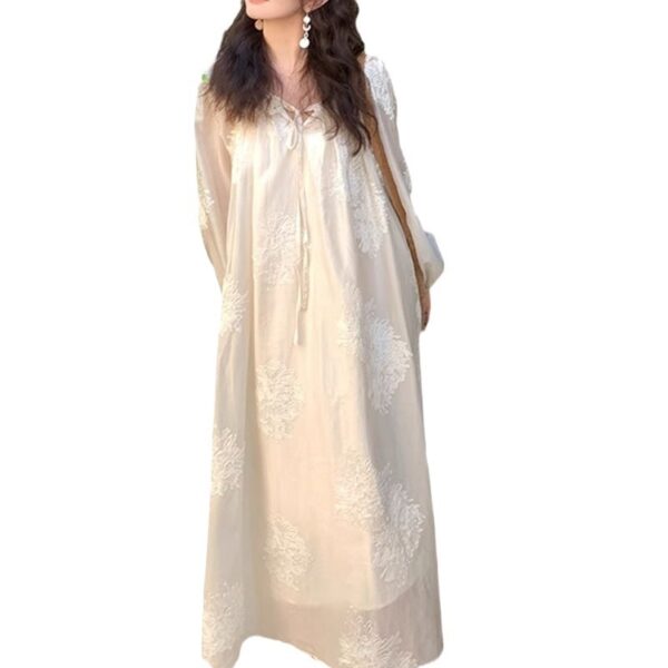 Embroidered Waist-Cinching Lace-Up Dress For Women