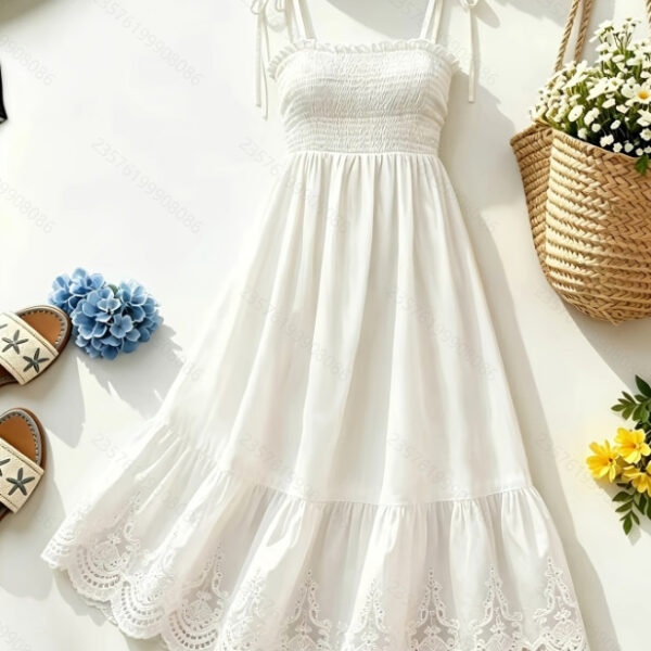 Womens Solid-color Embroidered Ruched Strap Maxi Dress
