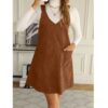 New Trendy Fashion Commuter Casual Slim V-Neck Pocket Solid Color Corduroy Suspender Dress Women's Clothing
