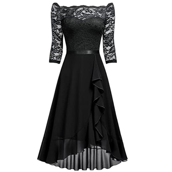 One-shoulder Midi-sleeved Lace-mesh Chiffon Dress