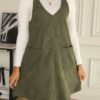 New Trendy Fashion Commuter Casual Slim V-Neck Pocket Solid Color Corduroy Suspender Dress Women's Clothing