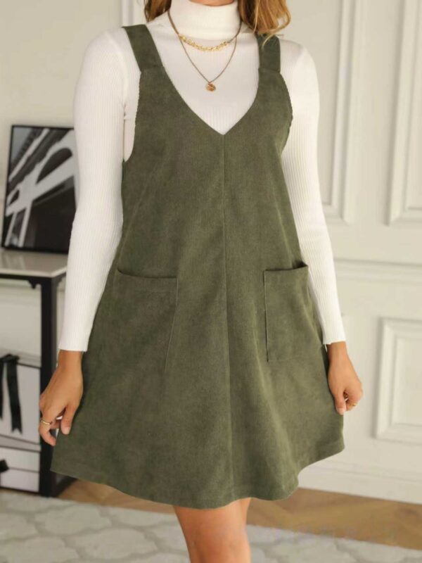 New Trendy Fashion Commuter Casual Slim V-Neck Pocket Solid Color Corduroy Suspender Dress Women's Clothing