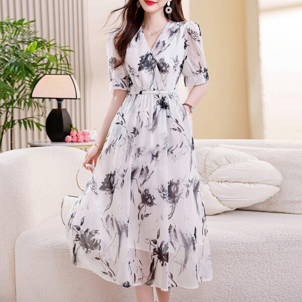 Womens Lace-Up Printed A-Line Silk Dress