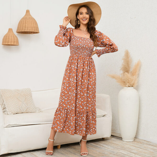 Long-sleeved Chiffon Dress With A Small Floral Print