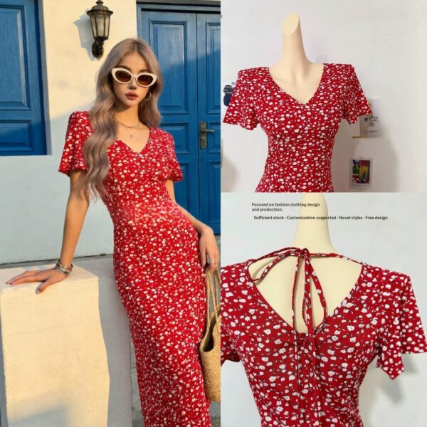 French-style Vintage Red Floral-print Dress