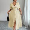 Contrast-color Waist-cinching Elegant Slit Dress