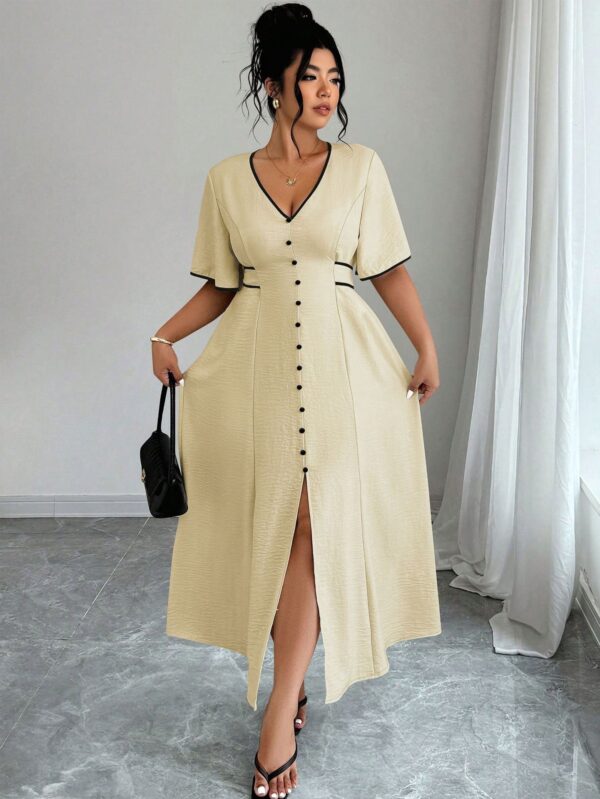 Contrast-color Waist-cinching Elegant Slit Dress
