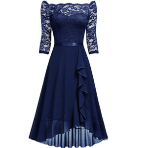 One-shoulder Midi-sleeved Lace-mesh Chiffon Dress
