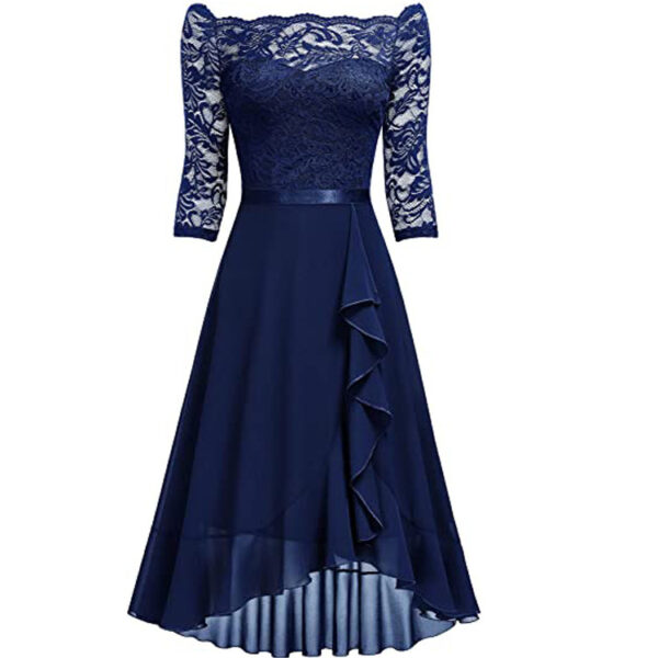 One-shoulder Midi-sleeved Lace-mesh Chiffon Dress