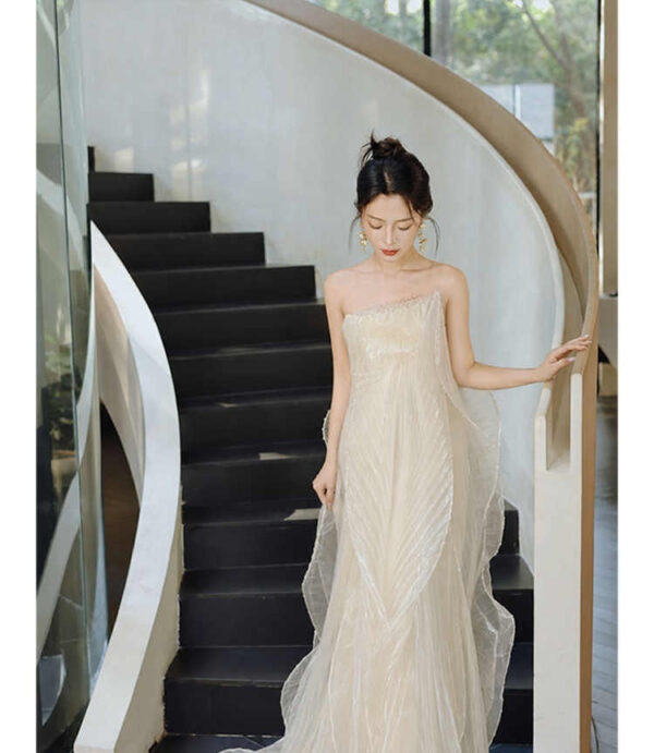 Strapless Sleeveless Long Dress Womens High-waisted Evening Gown Light Beige Evening Skirt