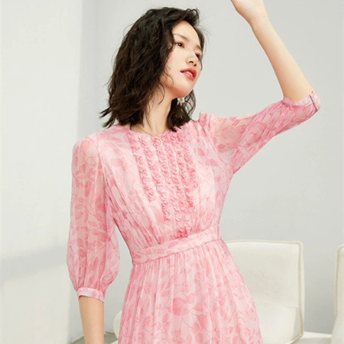 Fitted-waist Silk Dress For Women Silk Floral Print Vacation Style Fairy Tea Length Skirt