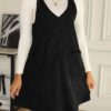 New Trendy Fashion Commuter Casual Slim V-Neck Pocket Solid Color Corduroy Suspender Dress Women's Clothing