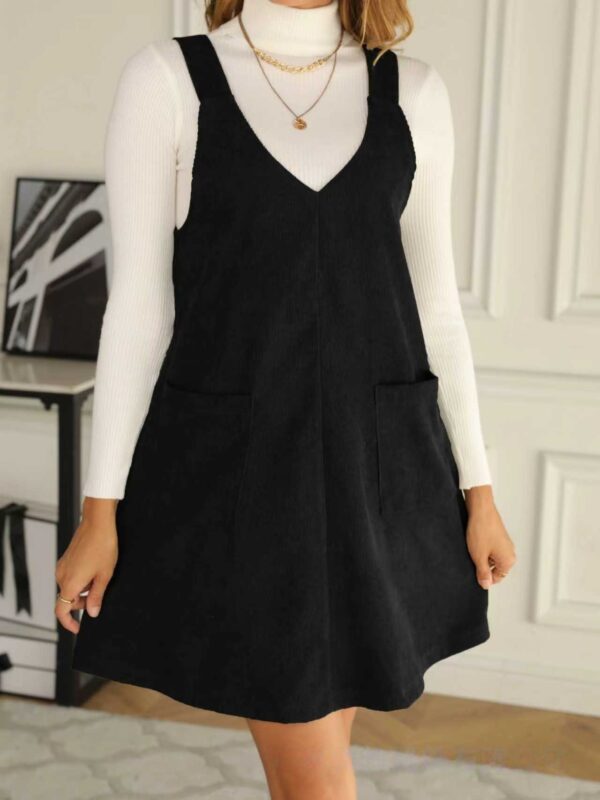 New Trendy Fashion Commuter Casual Slim V-Neck Pocket Solid Color Corduroy Suspender Dress Women's Clothing