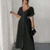 Contrast-color Waist-cinching Elegant Slit Dress