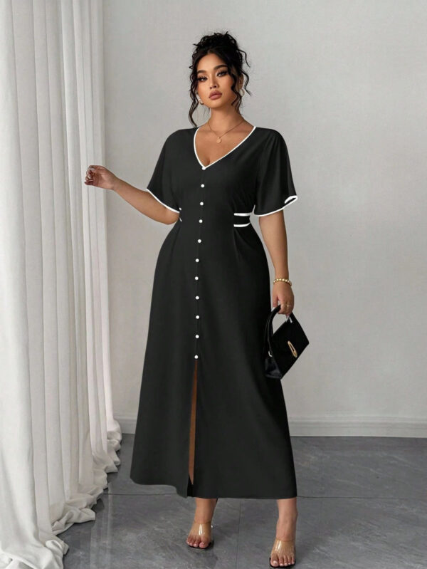 Contrast-color Waist-cinching Elegant Slit Dress