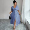 Contrast-color Waist-cinching Elegant Slit Dress