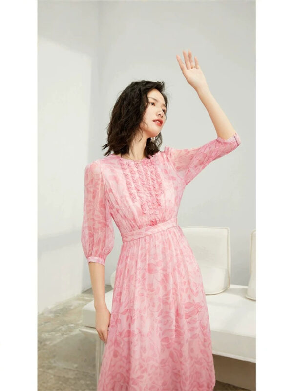 Fitted-waist Silk Dress For Women Silk Floral Print Vacation Style Fairy Tea Length Skirt