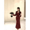 V-neck Long-sleeve Figure-flattering Fishtail Dress For Women