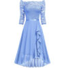 One-shoulder Midi-sleeved Lace-mesh Chiffon Dress
