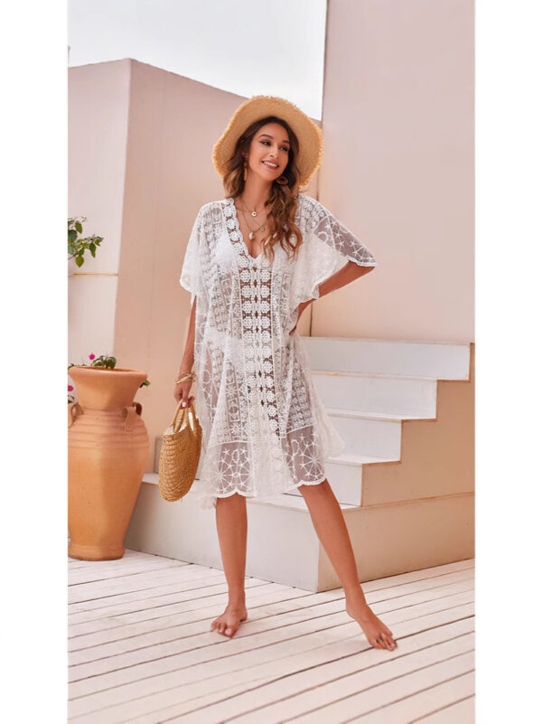 Sexy Hollowed-Out Lace-Panel Beach Cover-Up With Water-Soluble Lace For Sun Protection