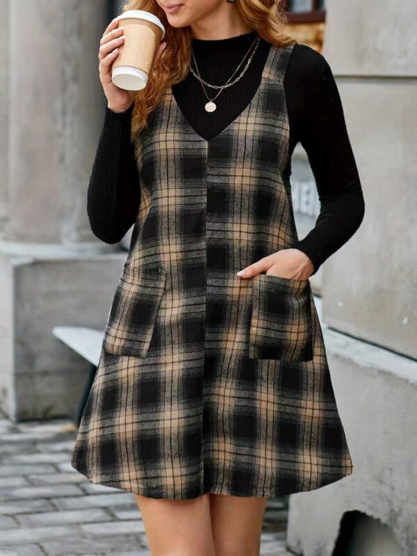New Trendy Fashion Commuter Casual Slim V-Neck Pocket Solid Color Corduroy Suspender Dress Women's Clothing