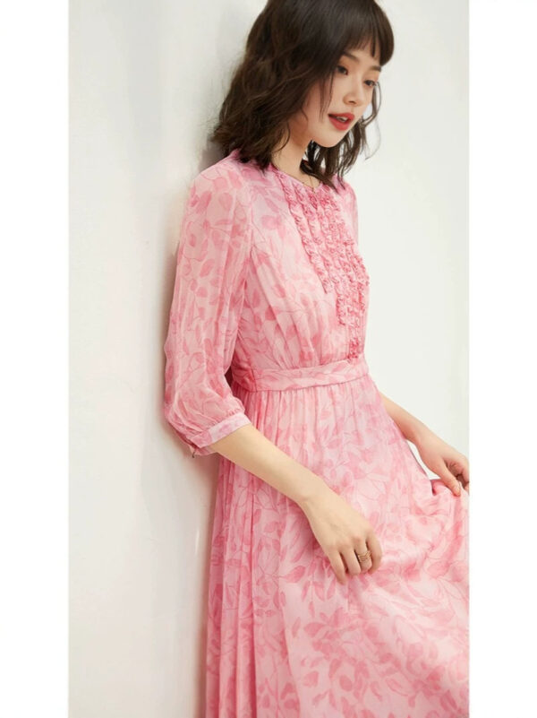 Fitted-waist Silk Dress For Women Silk Floral Print Vacation Style Fairy Tea Length Skirt