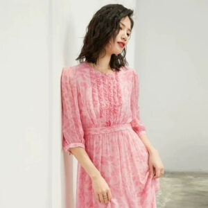 Fitted-waist Silk Dress For Women Silk Floral Print Vacation Style Fairy Tea Length Skirt
