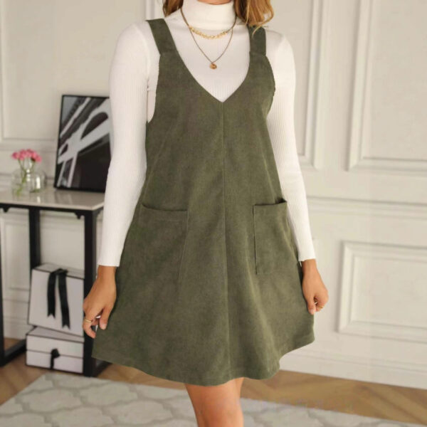 New Trendy Fashion Commuter Casual Slim V-Neck Pocket Solid Color Corduroy Suspender Dress Women's Clothing