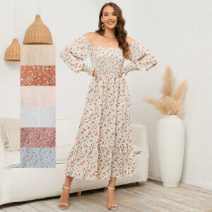 Long-sleeved Chiffon Dress With A Small Floral Print