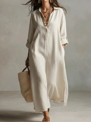 New Spring Summer Solid Color Casual Long-sleeve Shirt Dress With A Collar, French-style From Europe And America