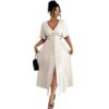 Contrast-color Waist-cinching Elegant Slit Dress