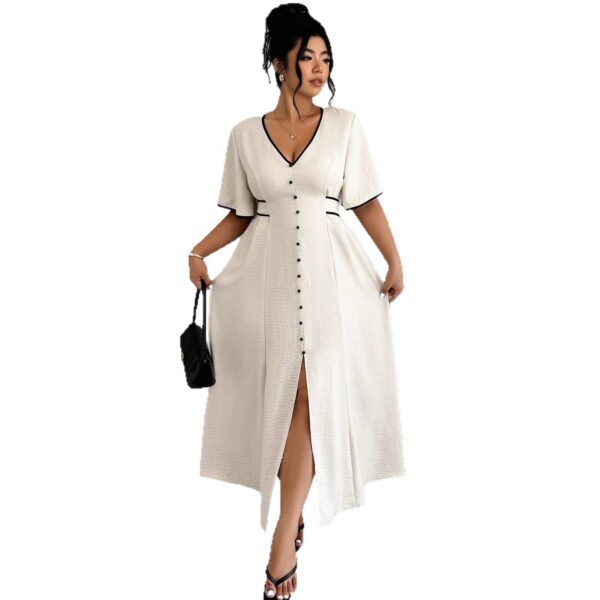 Contrast-color Waist-cinching Elegant Slit Dress
