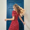 French-style Vintage Red Floral-print Dress