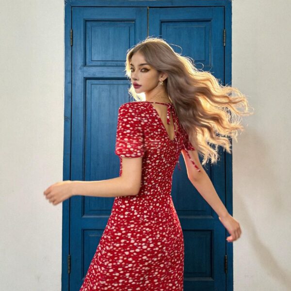 French-style Vintage Red Floral-print Dress